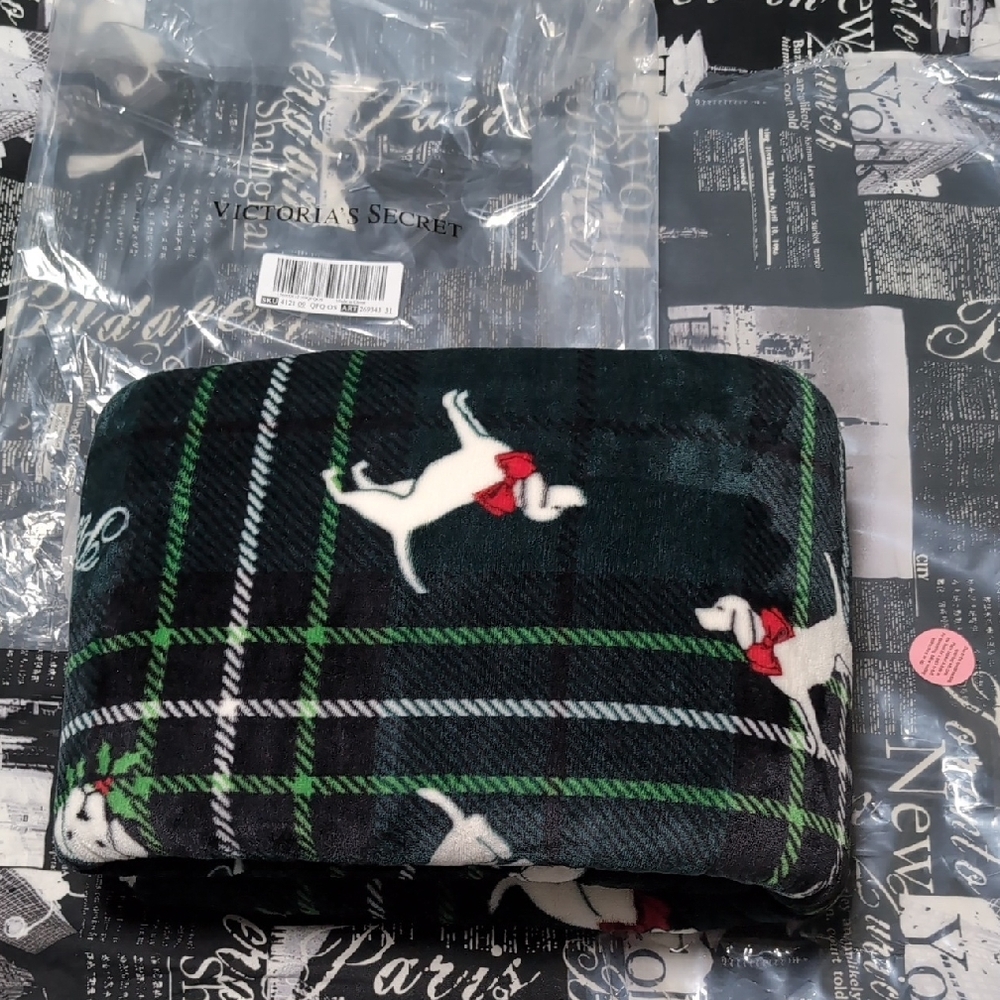 Victoria's Secret Pink Plaid Blanket with Dog Print, Cozy Logo Blanket